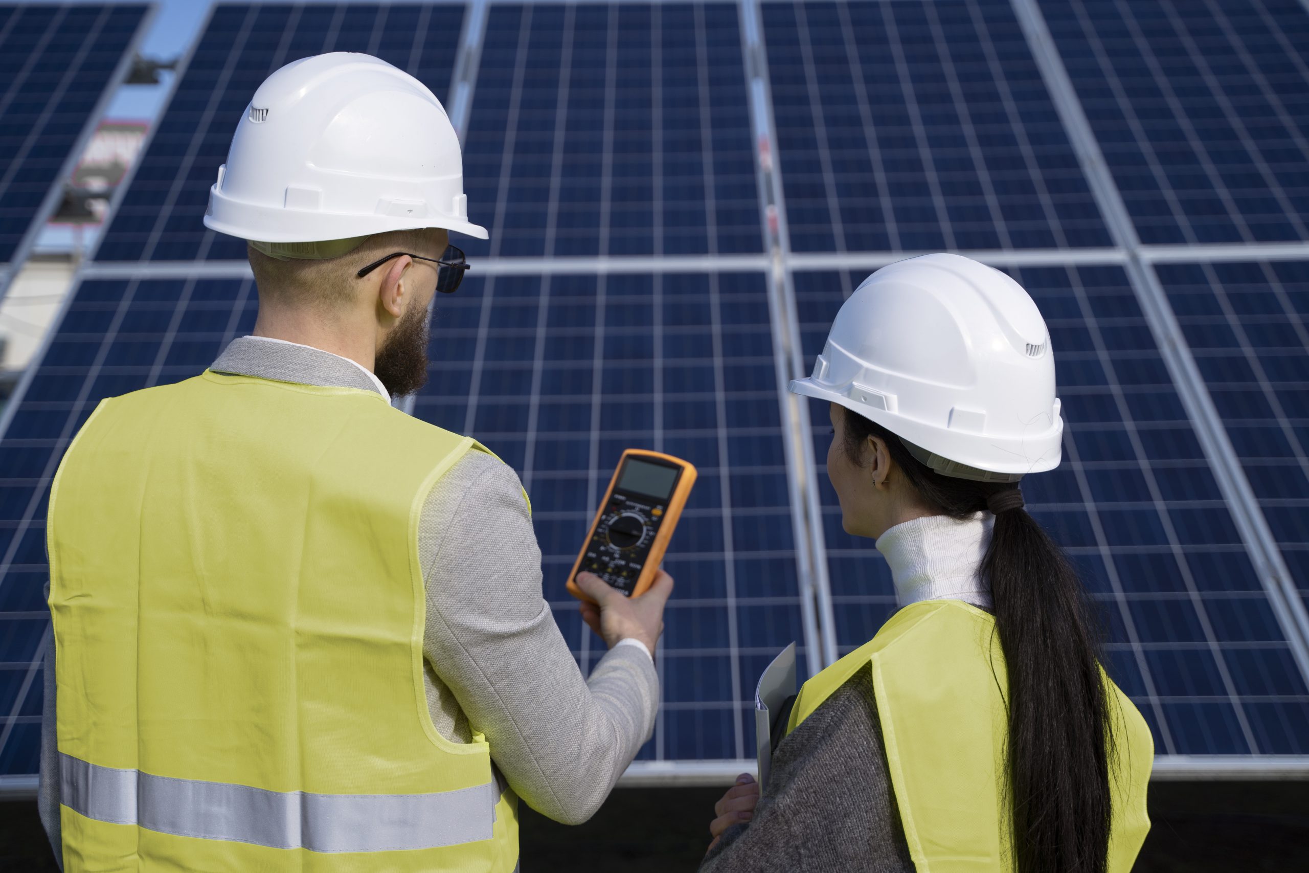 Operarios decidiendo la orientación de los paneles solares